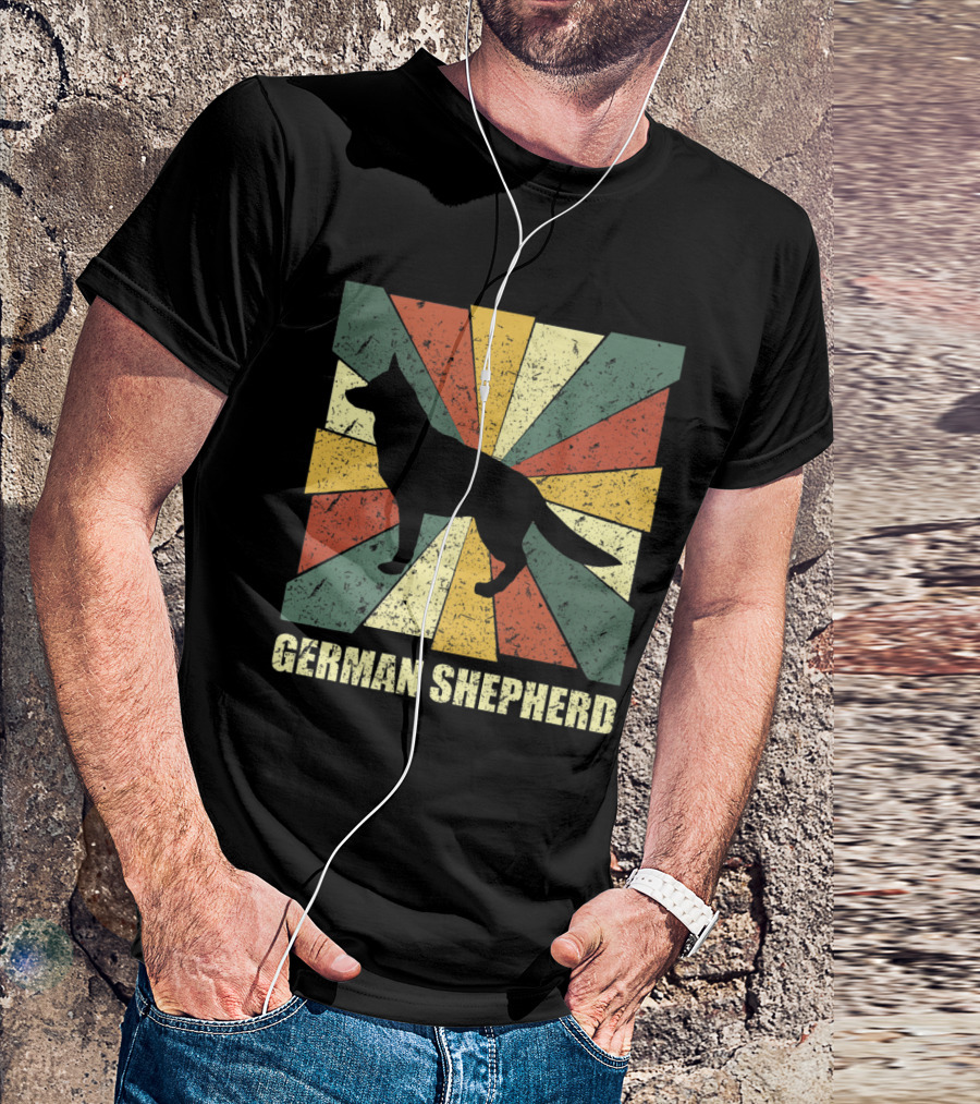 Vintage German Shepherd Dog Lover Retro Silhouette With Colorful Geometric Background T-Shirt