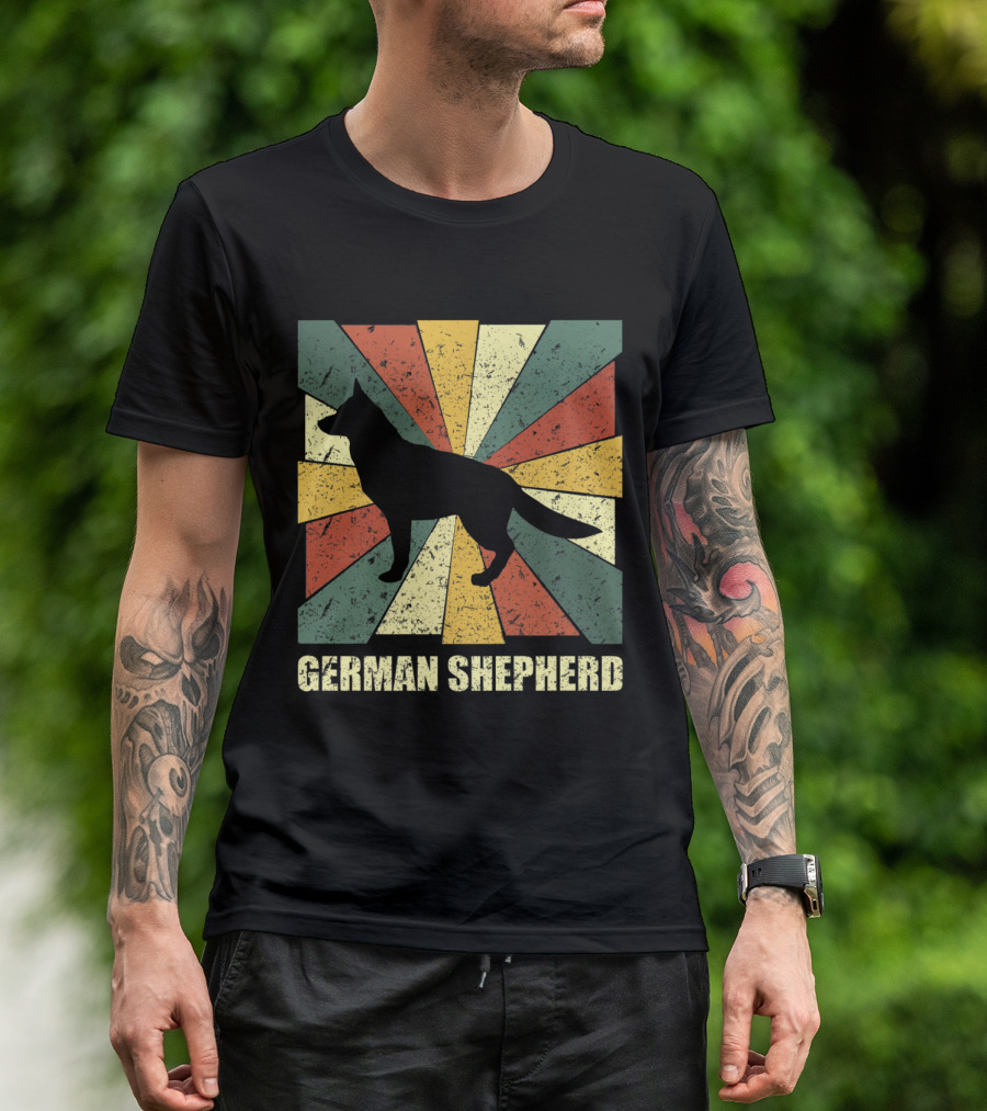 Vintage German Shepherd Dog Lover Retro Silhouette With Colorful Geometric Background T-Shirt
