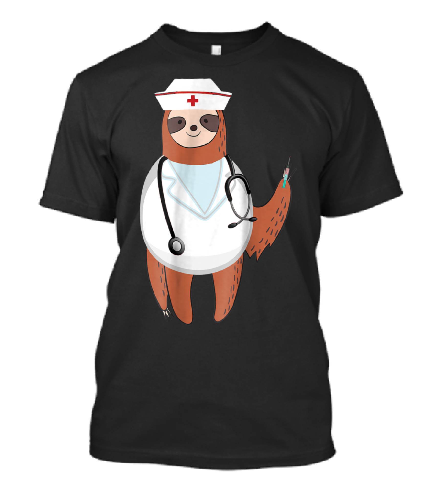 Sloth Nurse With Stethoscope And Syringe Wearing Medical Scrub Top Nurse's Hat T-Shirt
