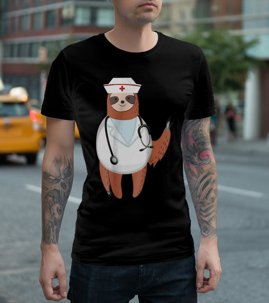 Sloth Nurse With Stethoscope And Syringe Wearing Medical Scrub Top Nurse's Hat T-Shirt