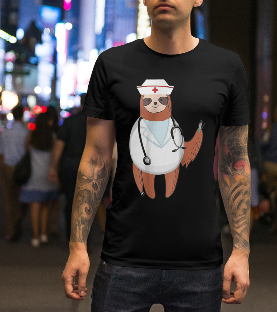 Sloth Nurse With Stethoscope And Syringe Wearing Medical Scrub Top Nurse's Hat T-Shirt