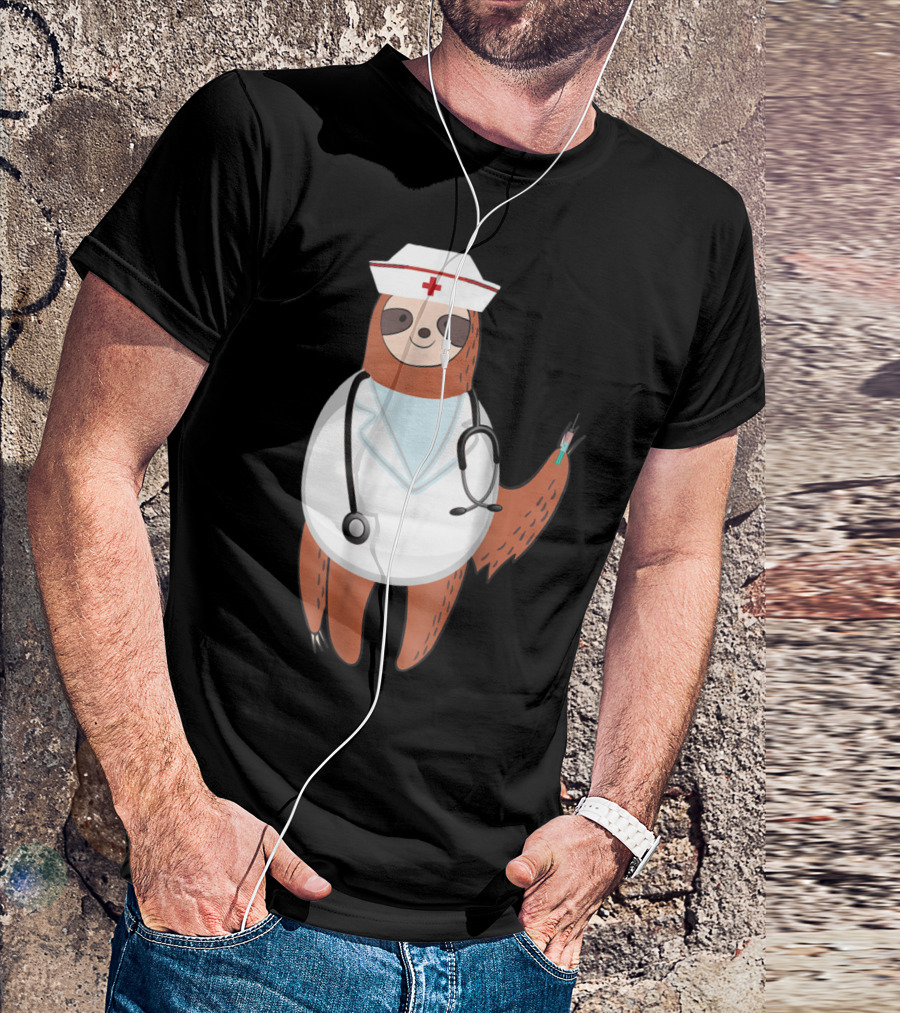 Sloth Nurse With Stethoscope And Syringe Wearing Medical Scrub Top Nurse's Hat T-Shirt