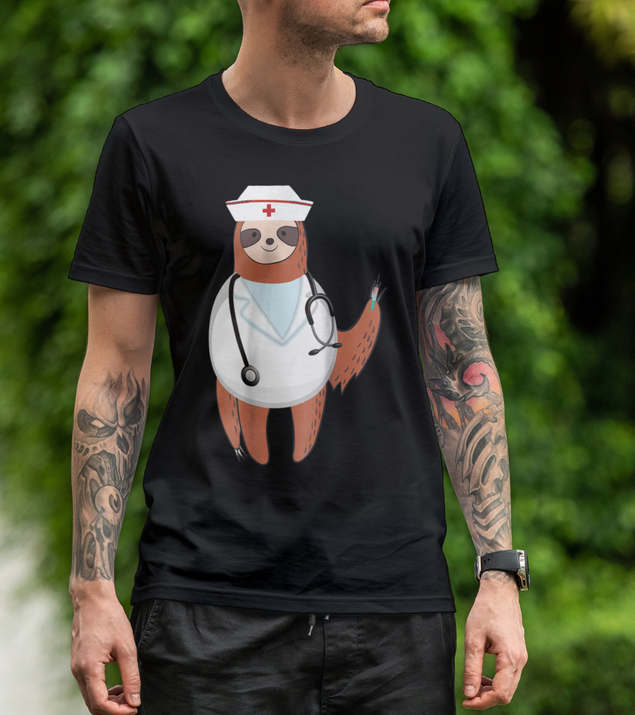 Sloth Nurse With Stethoscope And Syringe Wearing Medical Scrub Top Nurse's Hat T-Shirt