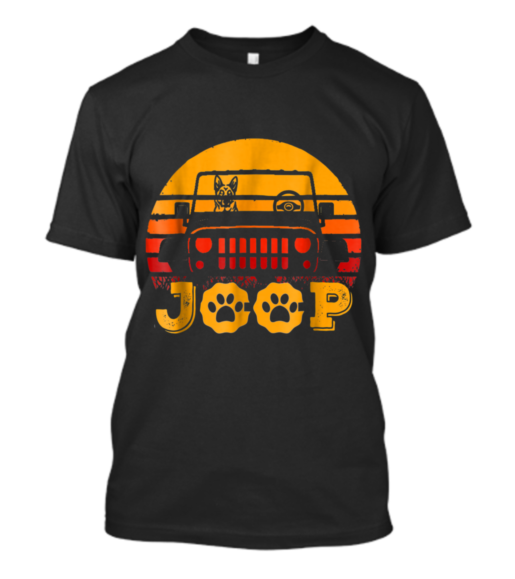 Vintage German Shepherd Dog Jeep Sunset With Paw Print Accents T-Shirt