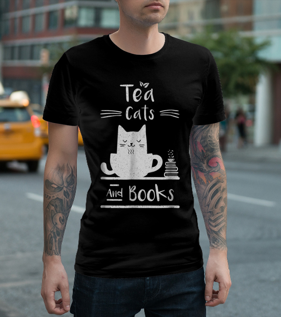 Calm and Cozy Tea Cats Relaxing with Stack of Books T-Shirt