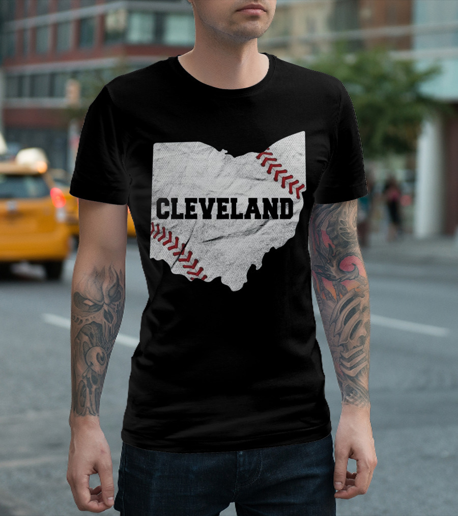Cleveland Baseball Ohio State Map With Red Stitching T-Shirt