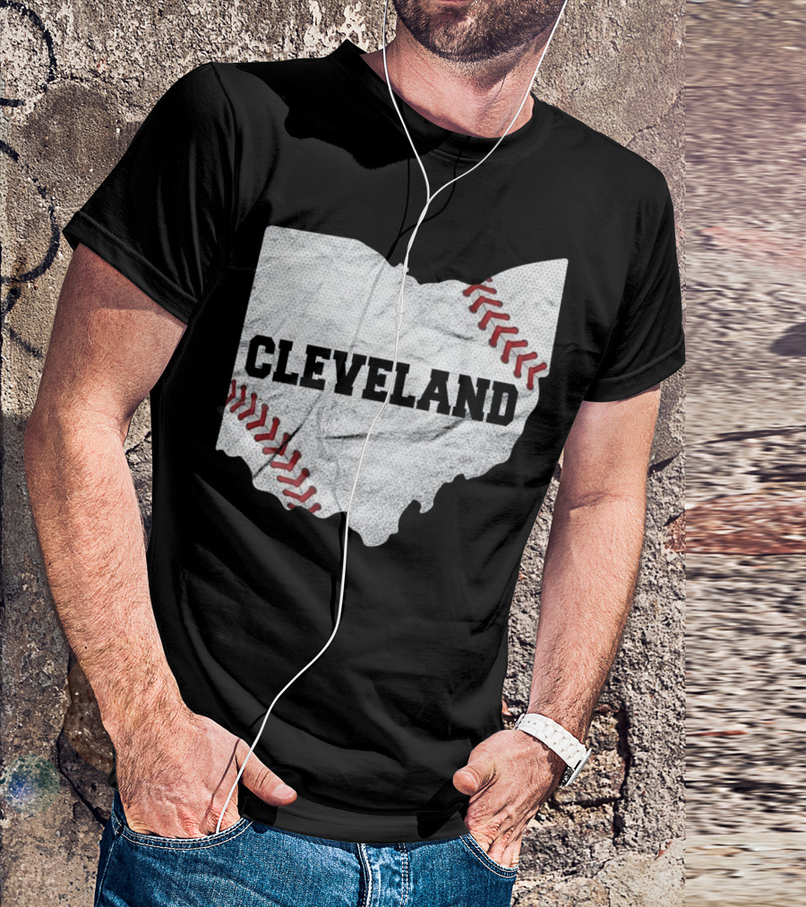 Cleveland Baseball Ohio State Map With Red Stitching T-Shirt
