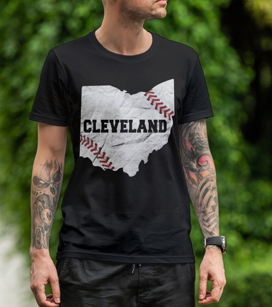 Cleveland Baseball Ohio State Map With Red Stitching T-Shirt