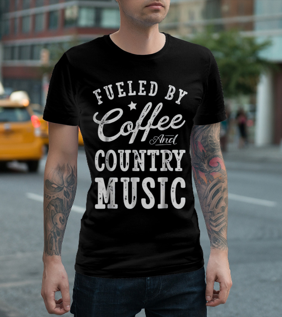 Fueled By Coffee and Country Music Vintage Style Graphic with Star Accent T-Shirt
