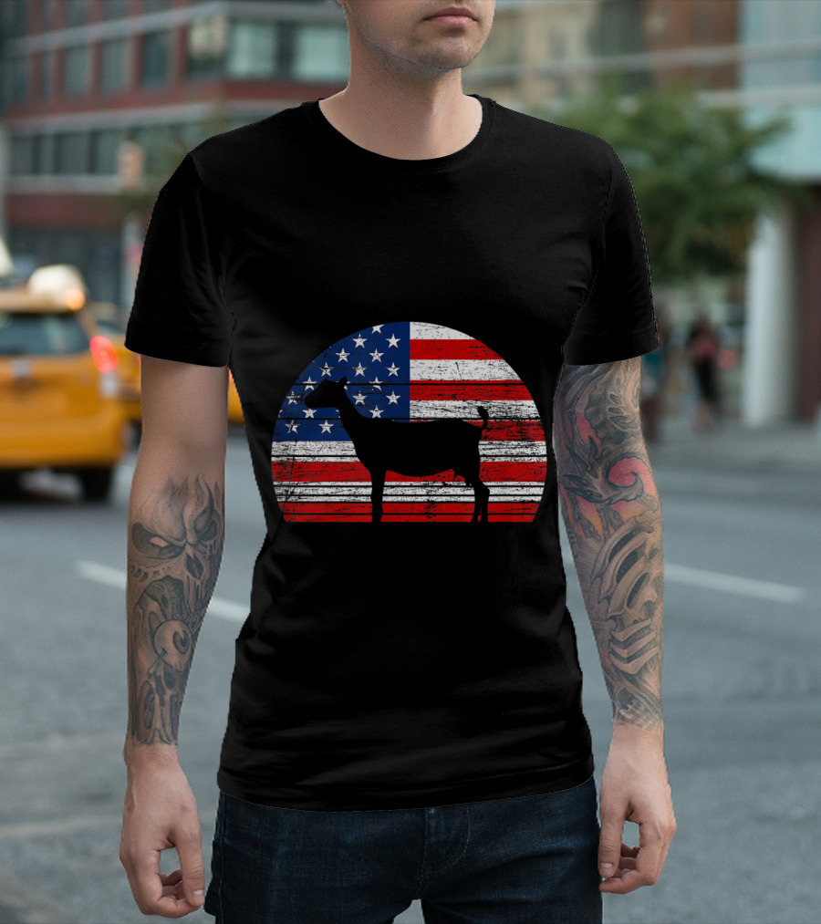 Vintage Goat Silhouette On Distressed American Flag Background T-Shirt