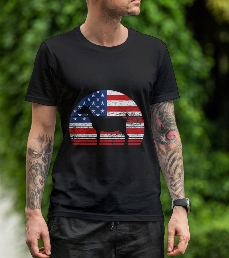 Vintage Goat Silhouette On Distressed American Flag Background T-Shirt