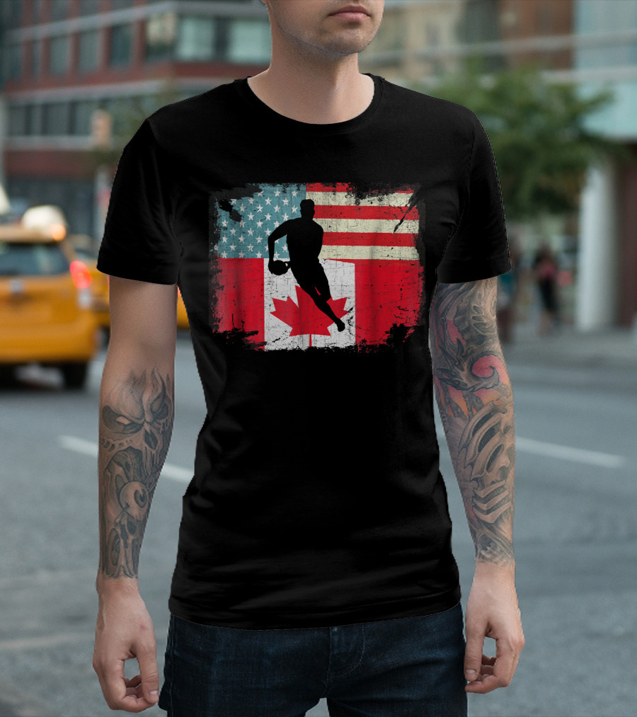 Distressed American And Canadian Flag Rugby T-Shirt