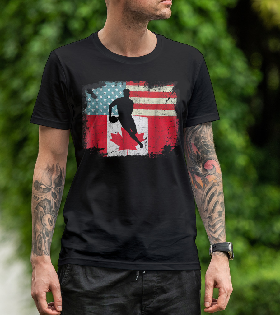 Distressed American And Canadian Flag Rugby T-Shirt