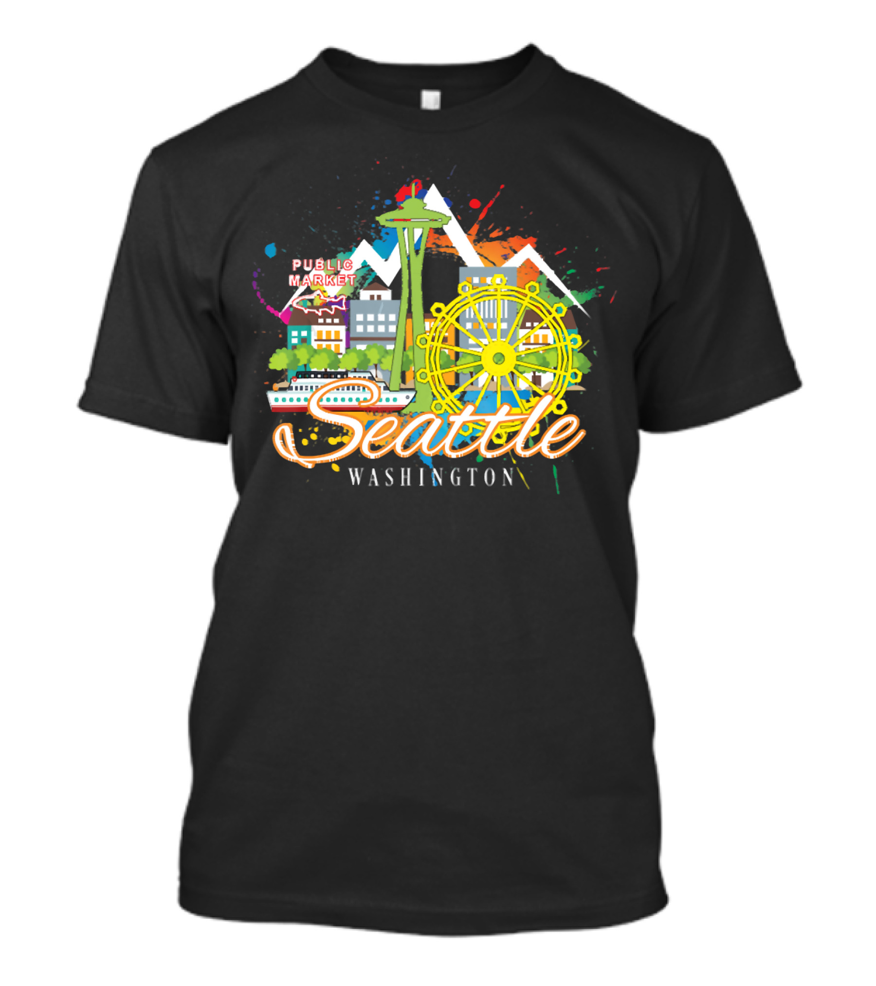 Seattle Washington Skyline Featuring Space Needle And Public Market T-Shirt