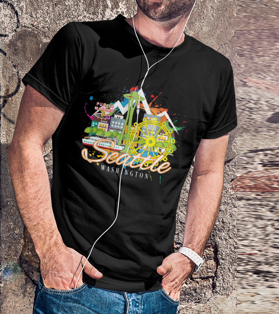 Seattle Washington Skyline Featuring Space Needle And Public Market T-Shirt