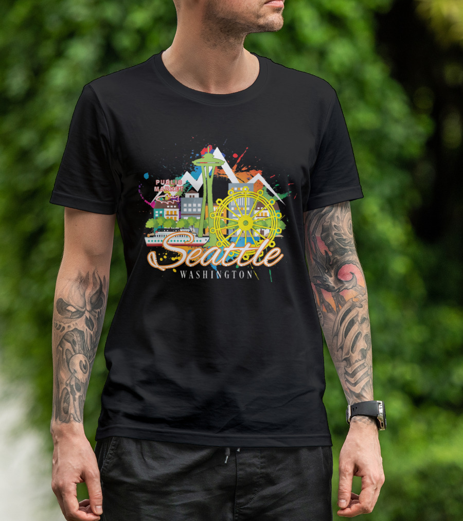 Seattle Washington Skyline Featuring Space Needle And Public Market T-Shirt