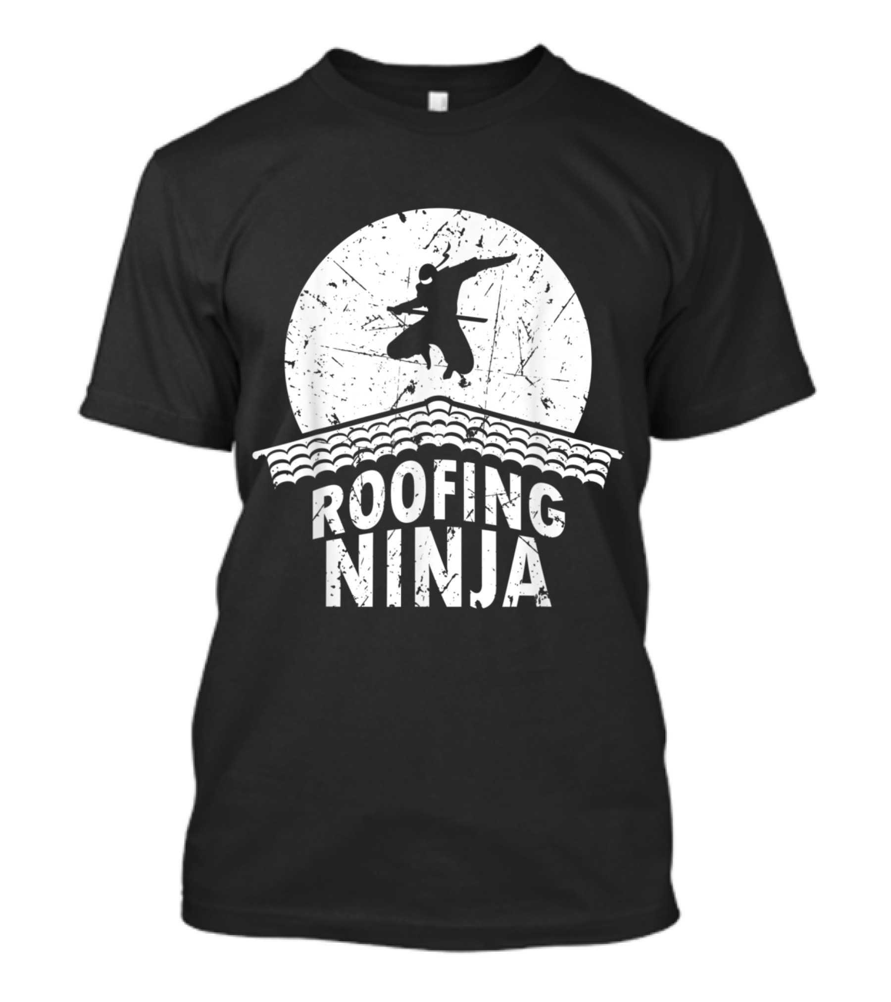 Roofing Ninja Silhouette Jumping Over Tiled Roof Lunar Background T-Shirt