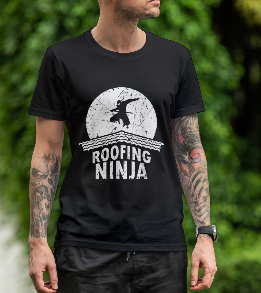 Roofing Ninja Silhouette Jumping Over Tiled Roof Lunar Background T-Shirt