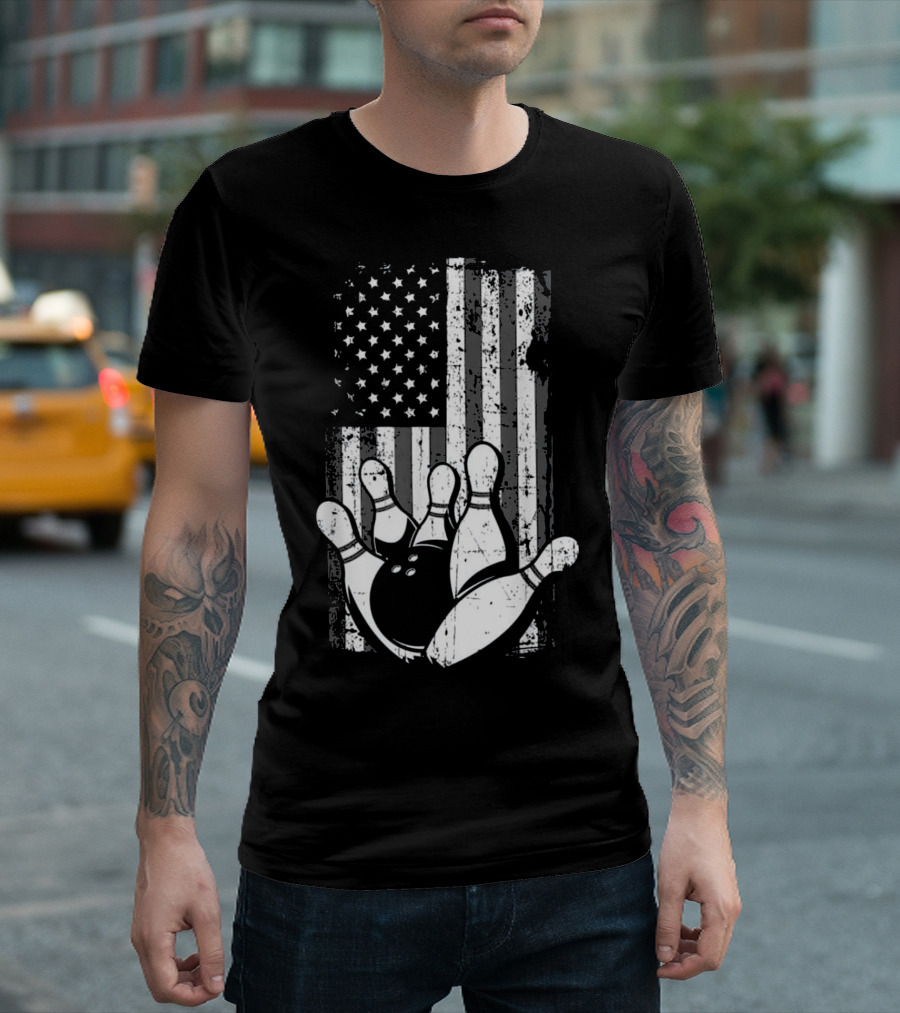 Distressed American Flag with Bowling Pins T-Shirt