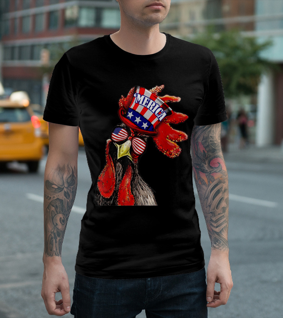 Rooster With 'Merica Patriotic Hat And USA Flag Glasses T-Shirt
