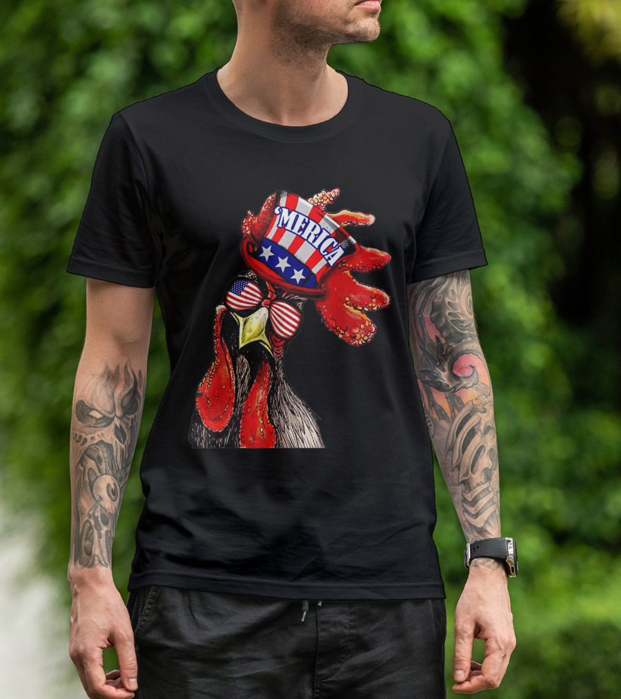 Rooster With 'Merica Patriotic Hat And USA Flag Glasses T-Shirt