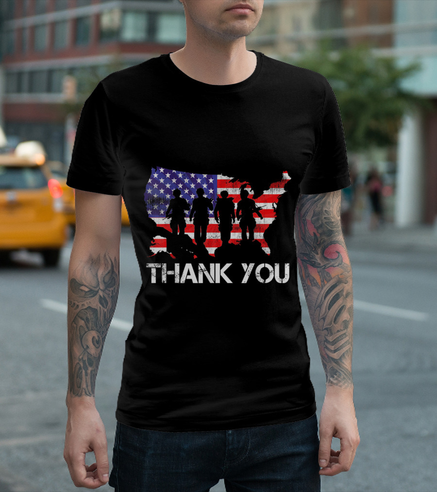Thank You Memorial Day 4th of July American Flag Soldier Silhouettes USA Map T-Shirt