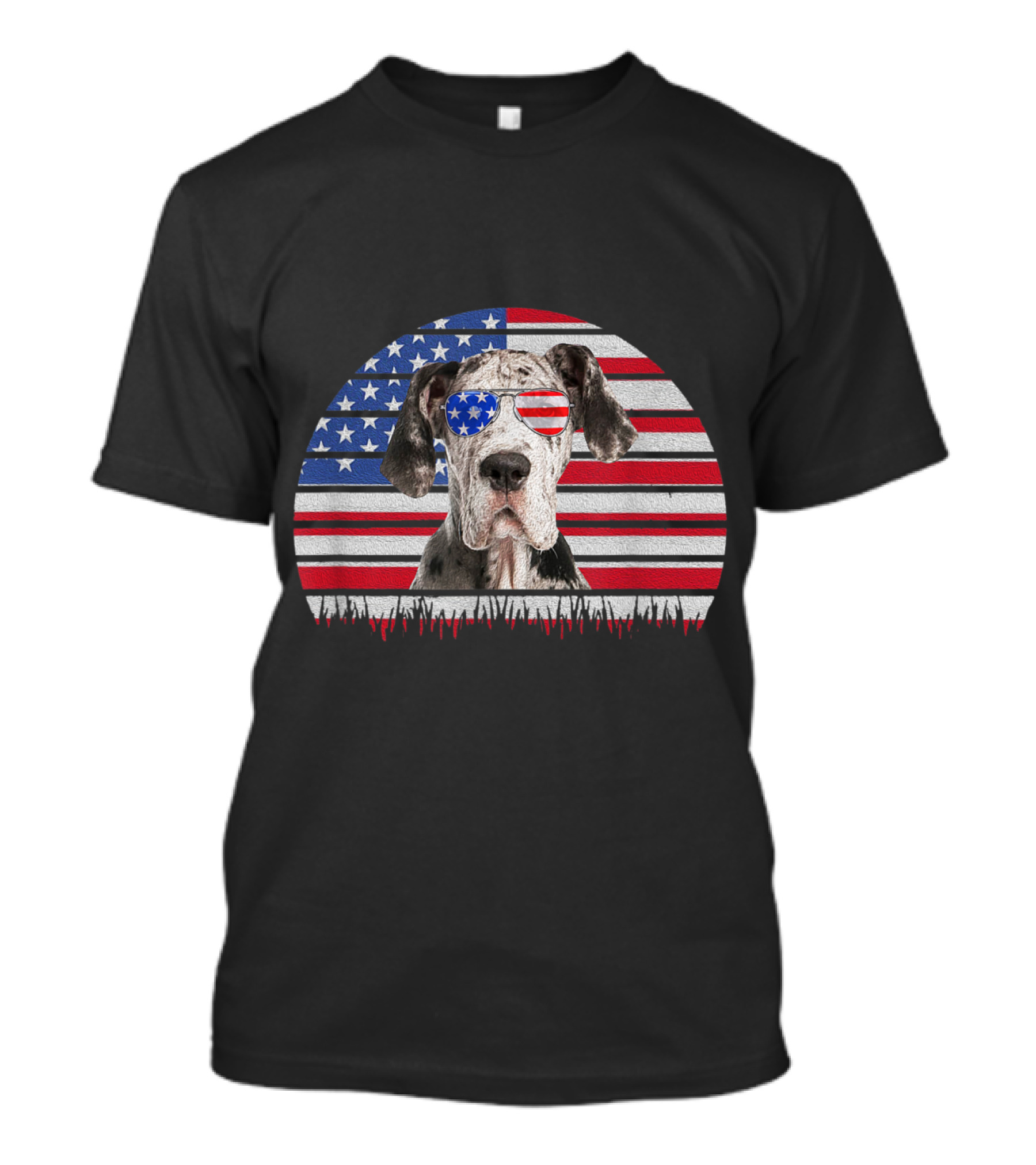 Great Dane With American Flag Sunglasses On Vintage US Flag Background T-Shirt