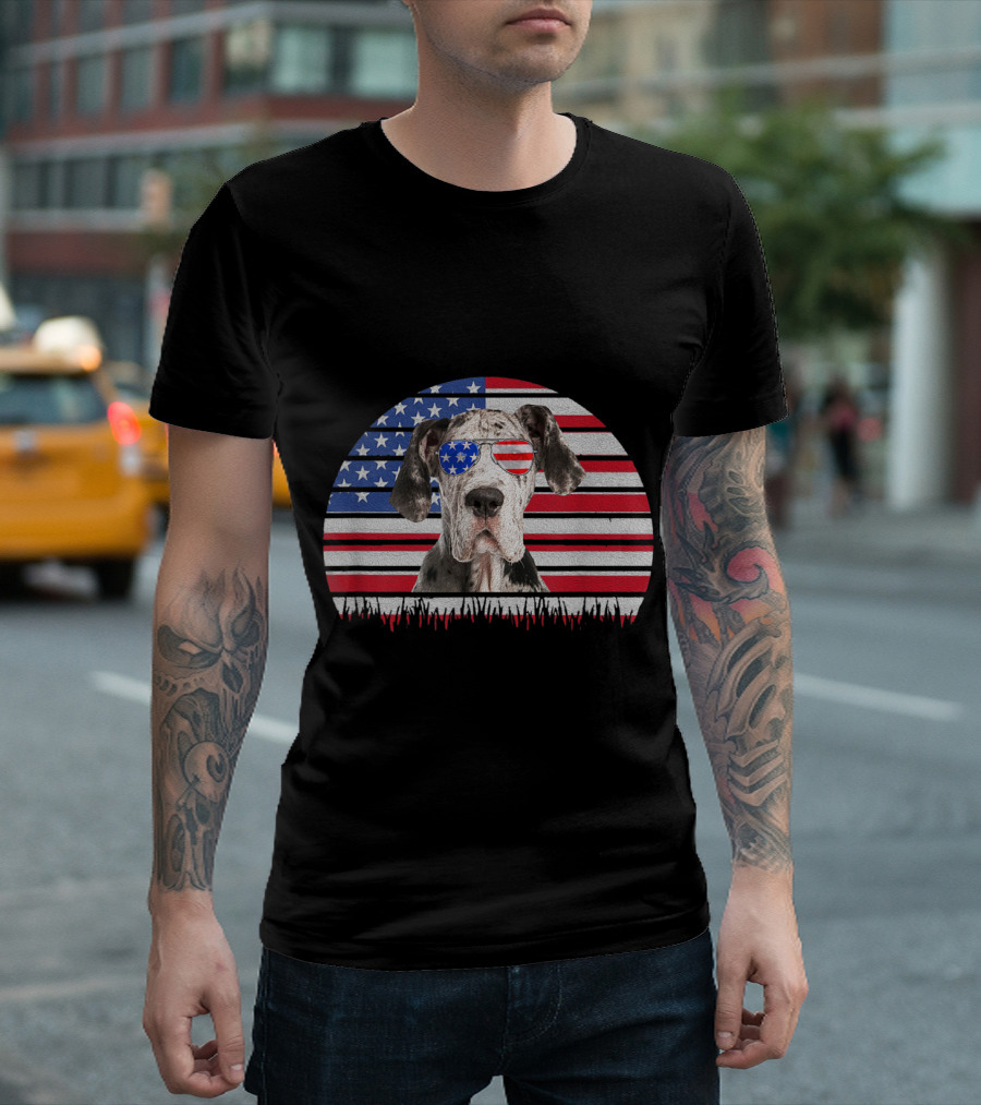 Great Dane With American Flag Sunglasses On Vintage US Flag Background T-Shirt