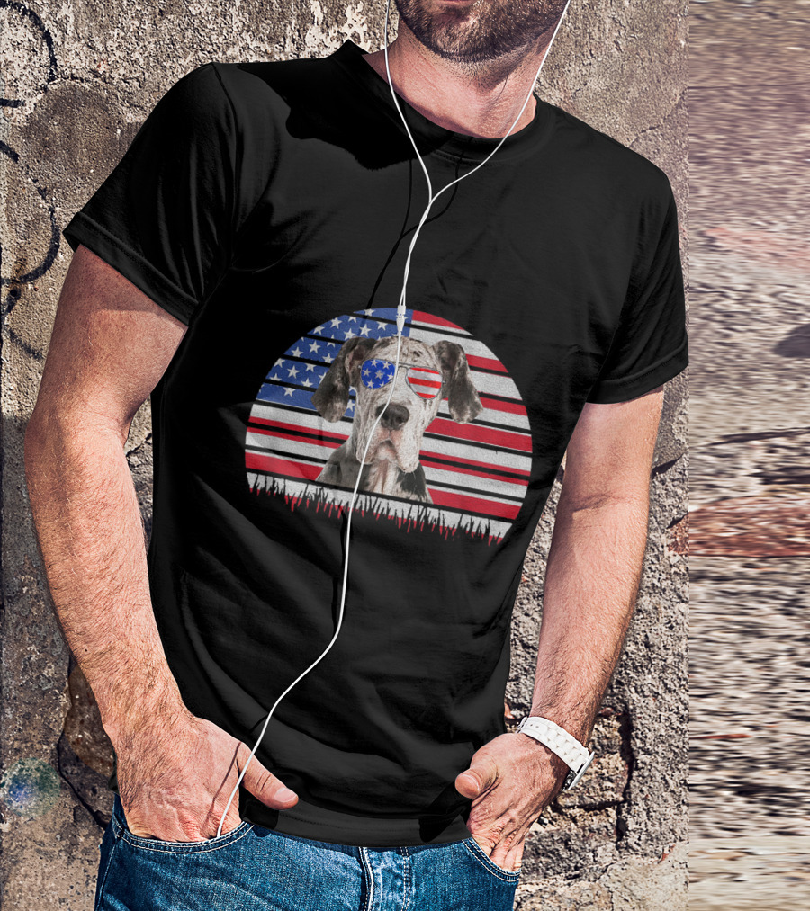 Great Dane With American Flag Sunglasses On Vintage US Flag Background T-Shirt