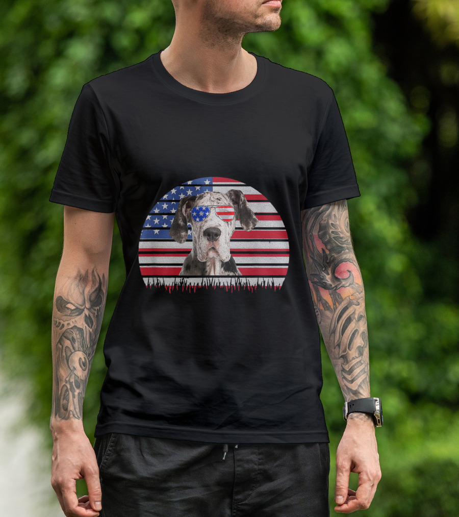 Great Dane With American Flag Sunglasses On Vintage US Flag Background T-Shirt