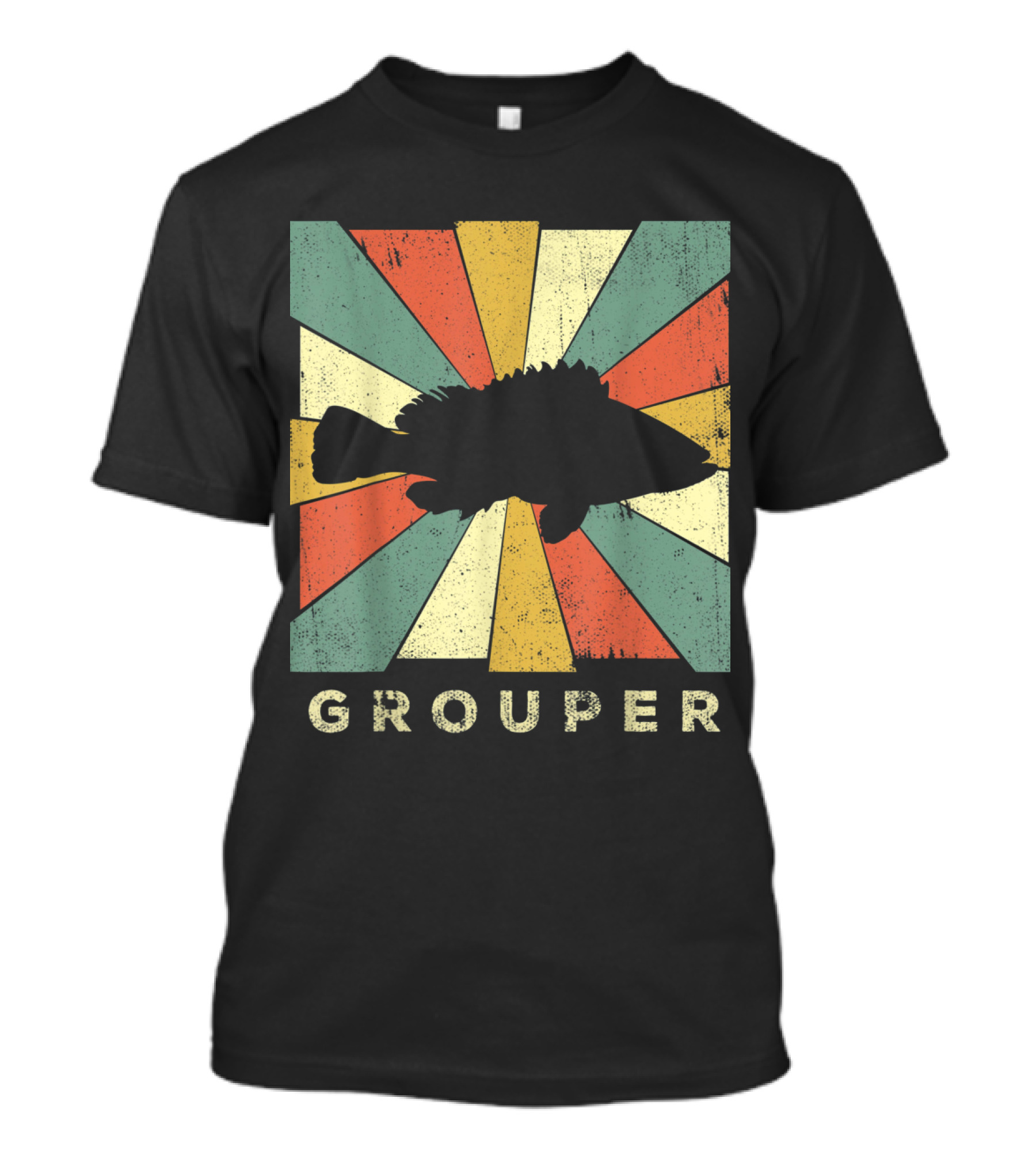 Retro Grouper Fish Silhouette With Vintage Sunburst Background T-Shirt