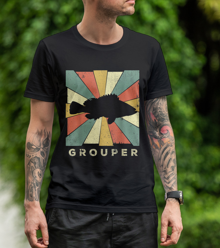 Retro Grouper Fish Silhouette With Vintage Sunburst Background T-Shirt