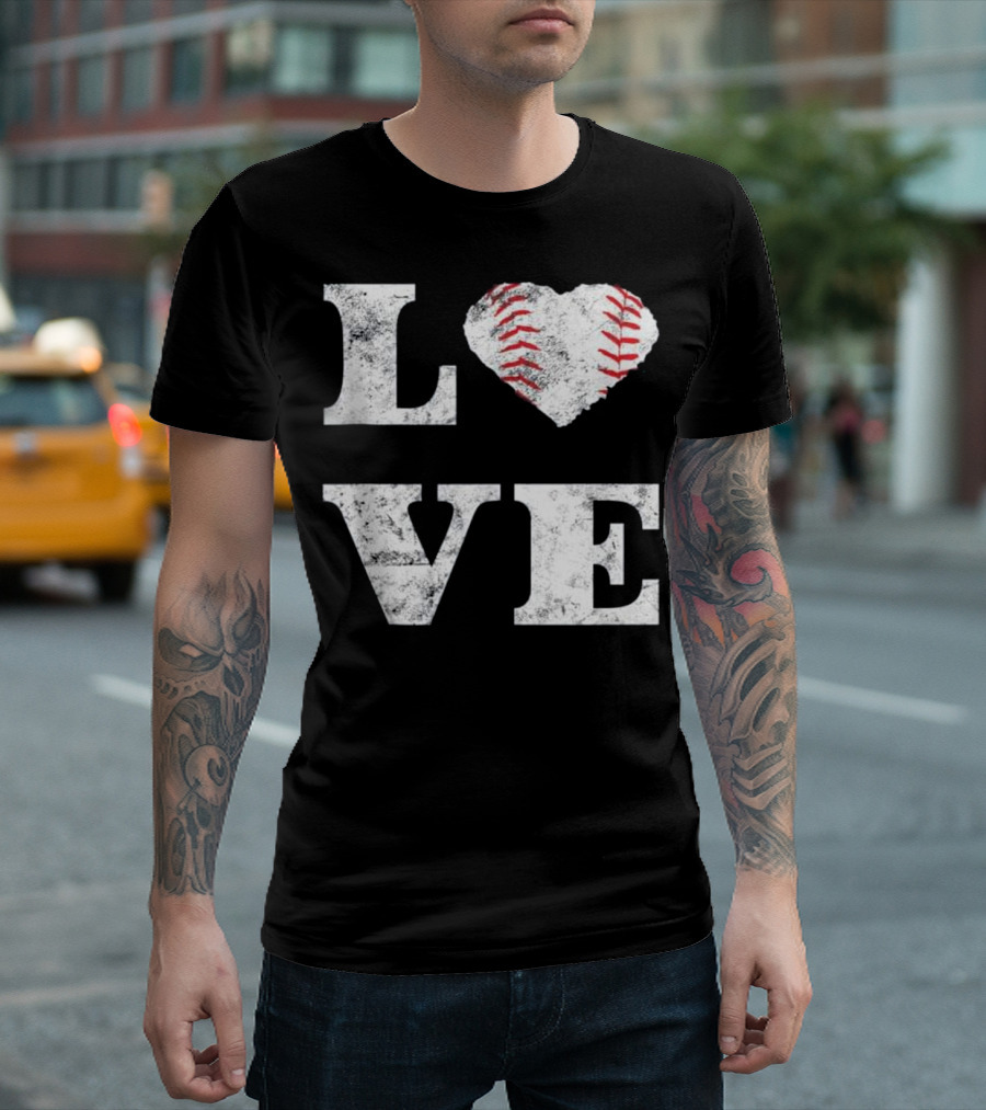 Love Baseball Heart Shape with Stitching T-Shirt