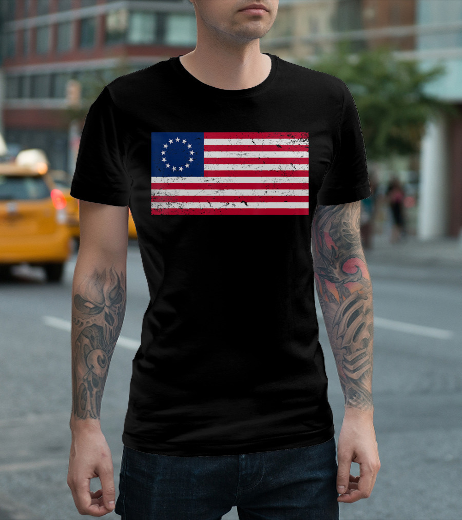 Distressed Vintage Betsy Ross American Flag With Circular Stars T-Shirt