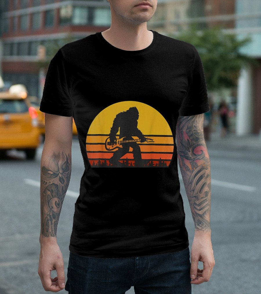Bigfoot Silhouette Playing Guitar in Sunset Forest Scene T-Shirt