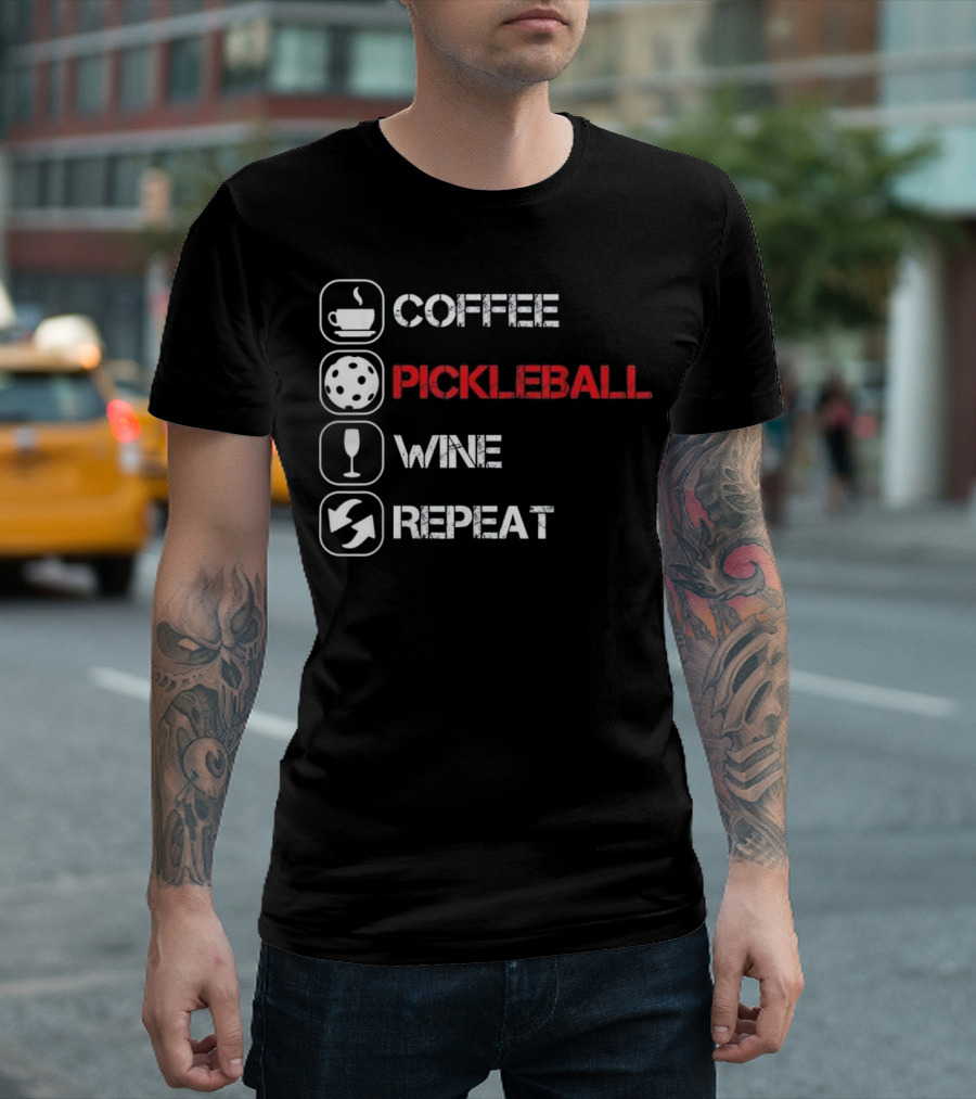 Distressed Lifestyle Icons Coffee Pickleball Wine Repeat T-Shirt