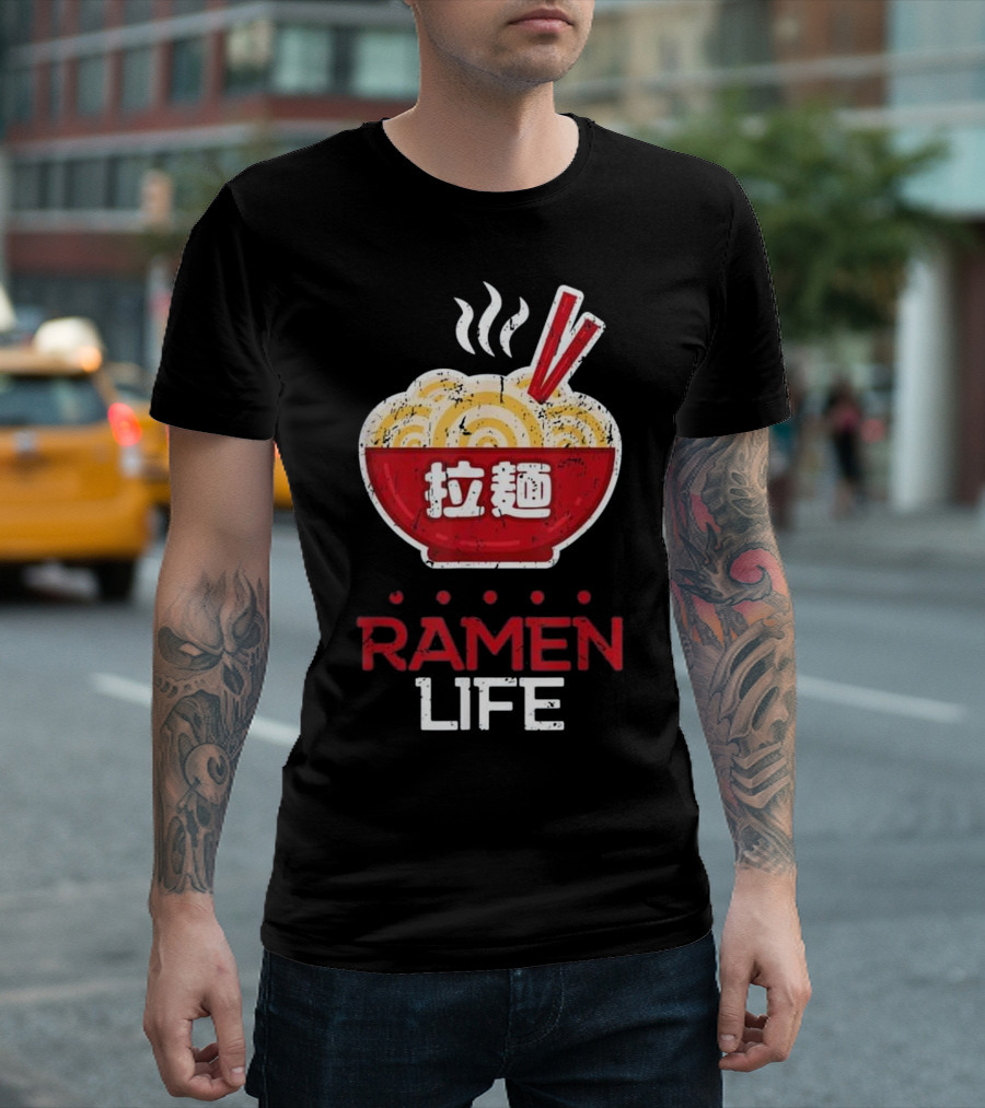 Ramen Life Noodle Bowl with Japanese Text and Chopsticks T-Shirt