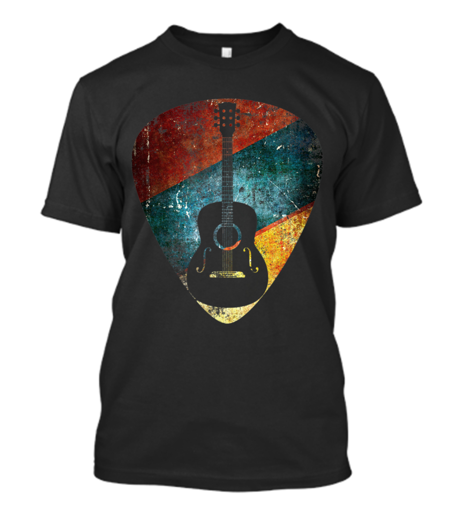 Vintage Acoustic Guitar Silhouette In Distressed Colorful Guitar Pick T-Shirt