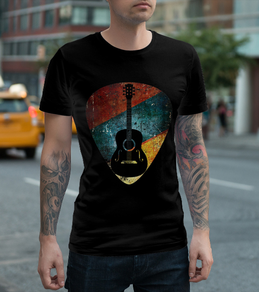 Vintage Acoustic Guitar Silhouette In Distressed Colorful Guitar Pick T-Shirt