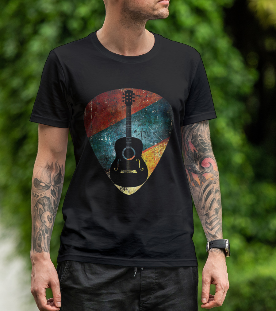 Vintage Acoustic Guitar Silhouette In Distressed Colorful Guitar Pick T-Shirt