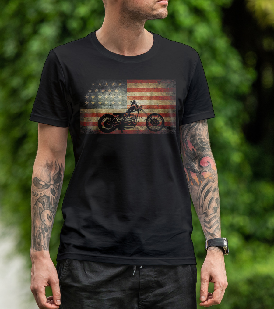 American Flag With Motorcycle Patriotic Vintage Grunge T-Shirt