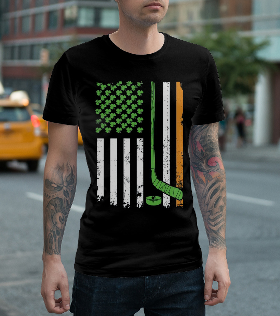 Irish American Flag Hockey Stick Shamrock T-Shirt