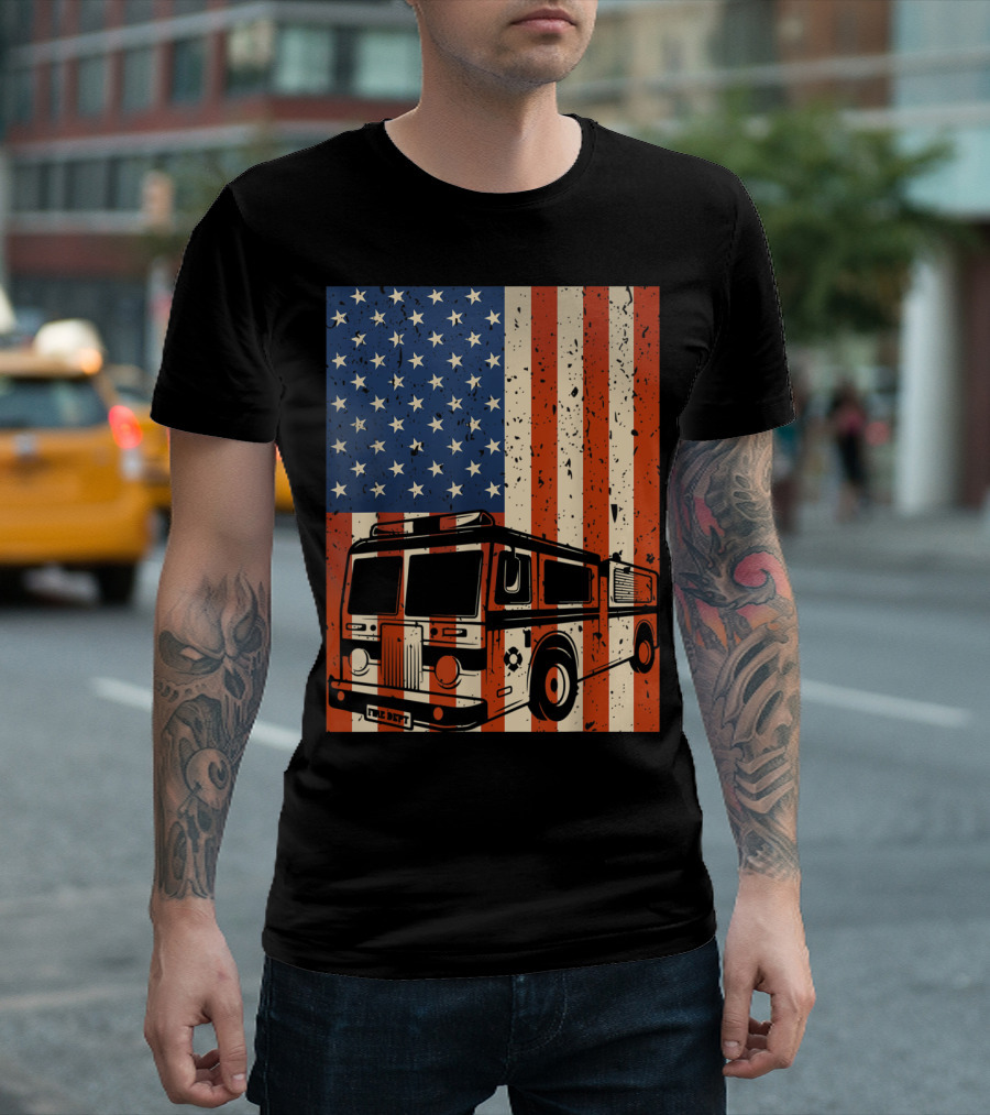 Mens 4th of July Firefighter American Flag Fire Truck T-Shirt