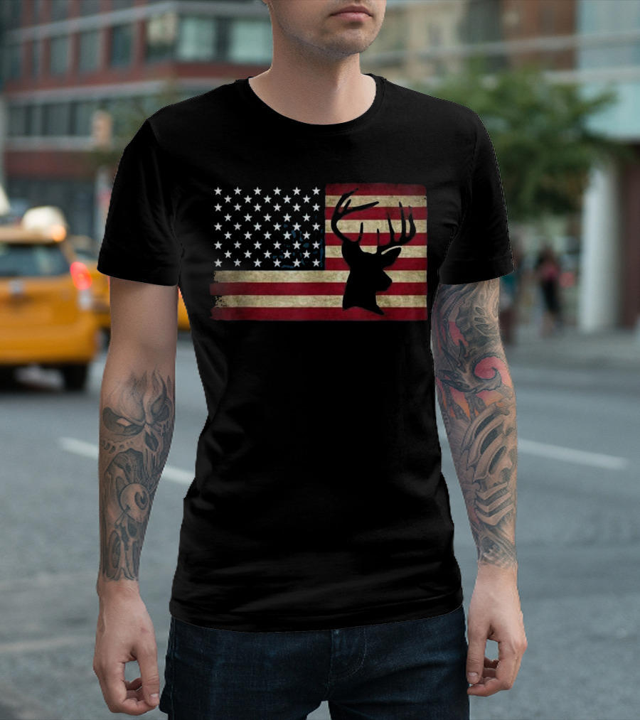 Distressed American Flag Deer Hunting Silhouette Patriotic T-Shirt