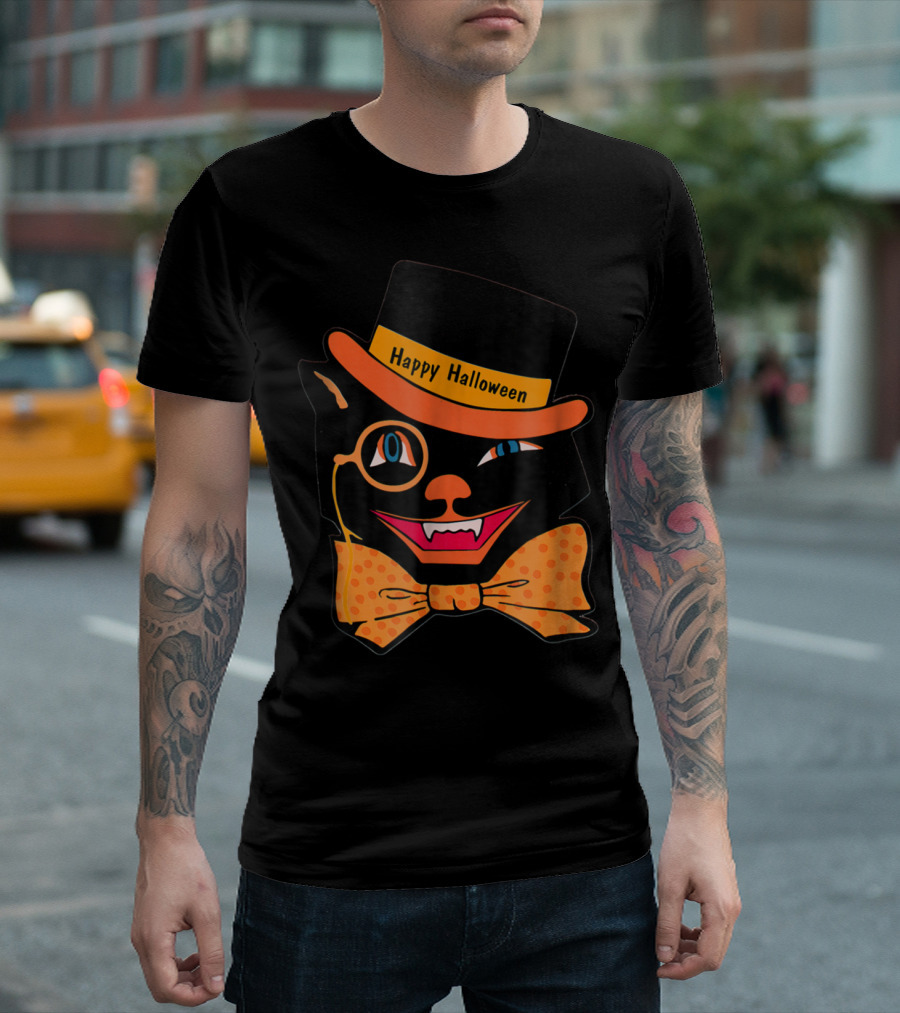 Happy Halloween Black Cat with Monocle and Bow Tie T-Shirt