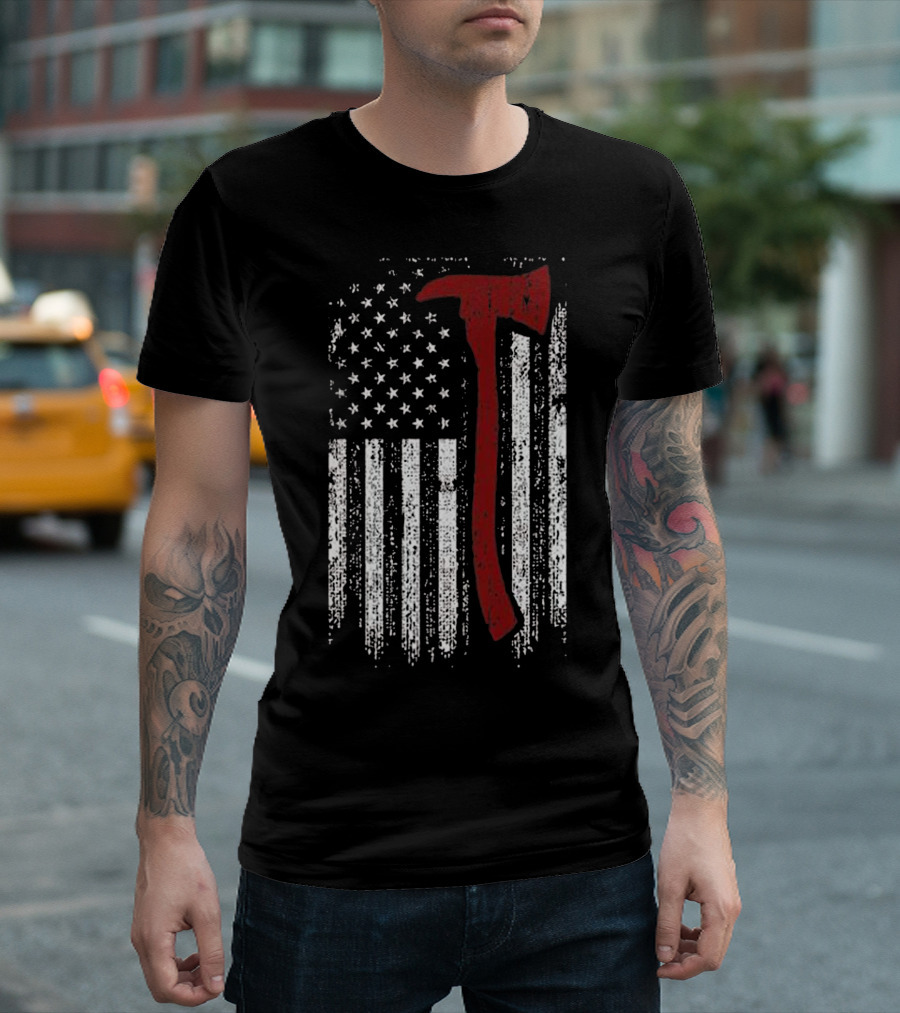 Distressed Firefighter Red Line USA Flag With Fire Axe T-Shirt