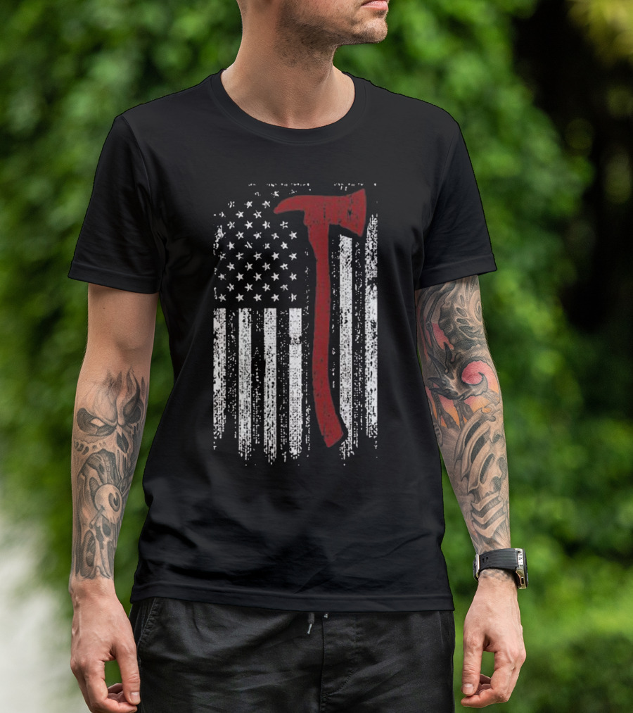 Distressed Firefighter Red Line USA Flag With Fire Axe T-Shirt
