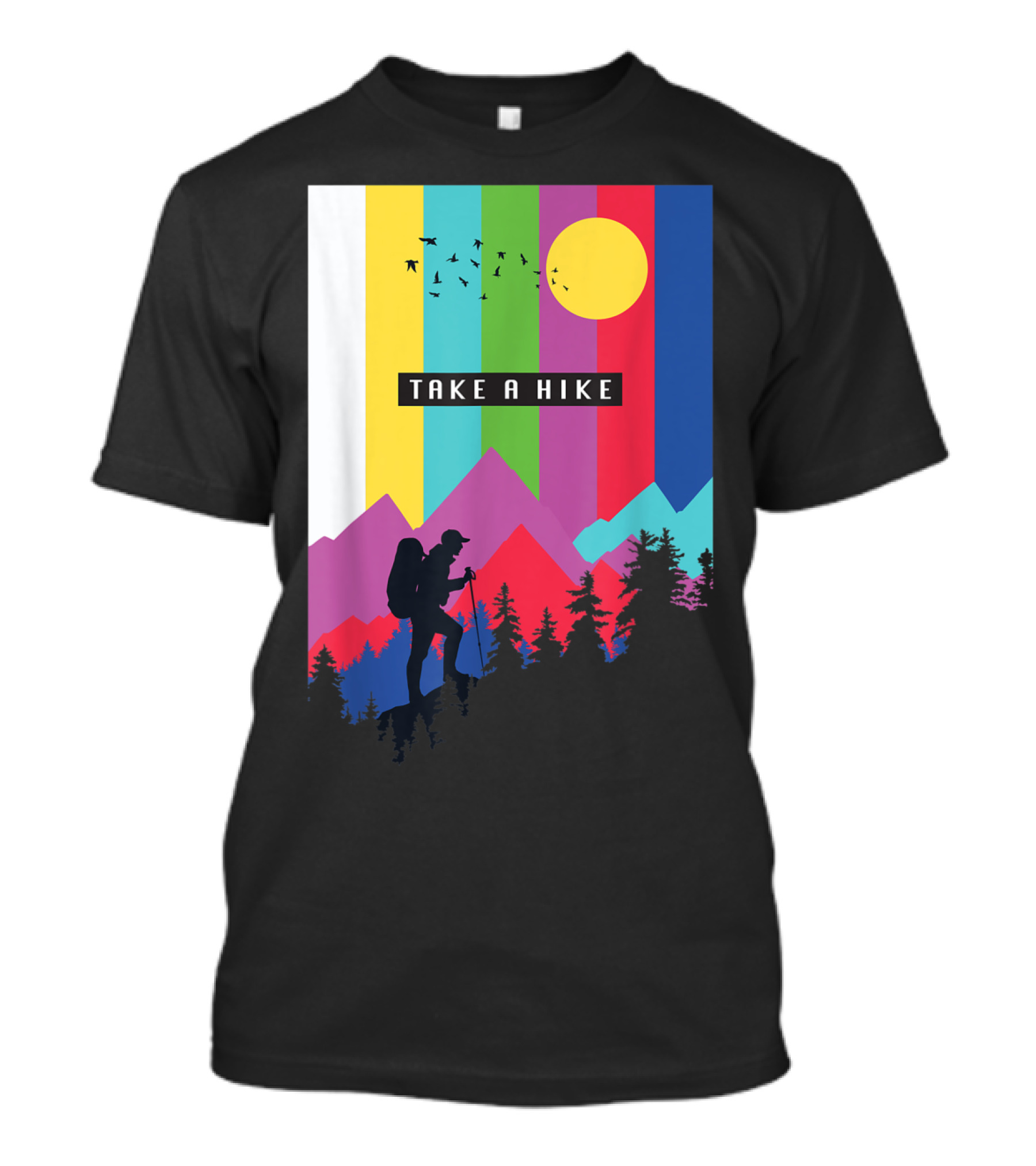 Take A Hike Vintage Hiking Camping Silhouette With Mountains And Sunburst T-Shirt