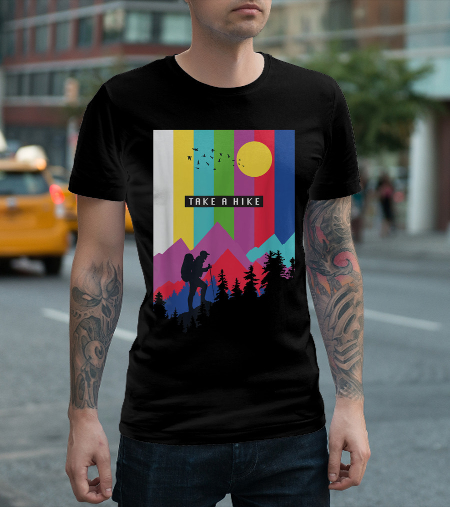 Take A Hike Vintage Hiking Camping Silhouette With Mountains And Sunburst T-Shirt