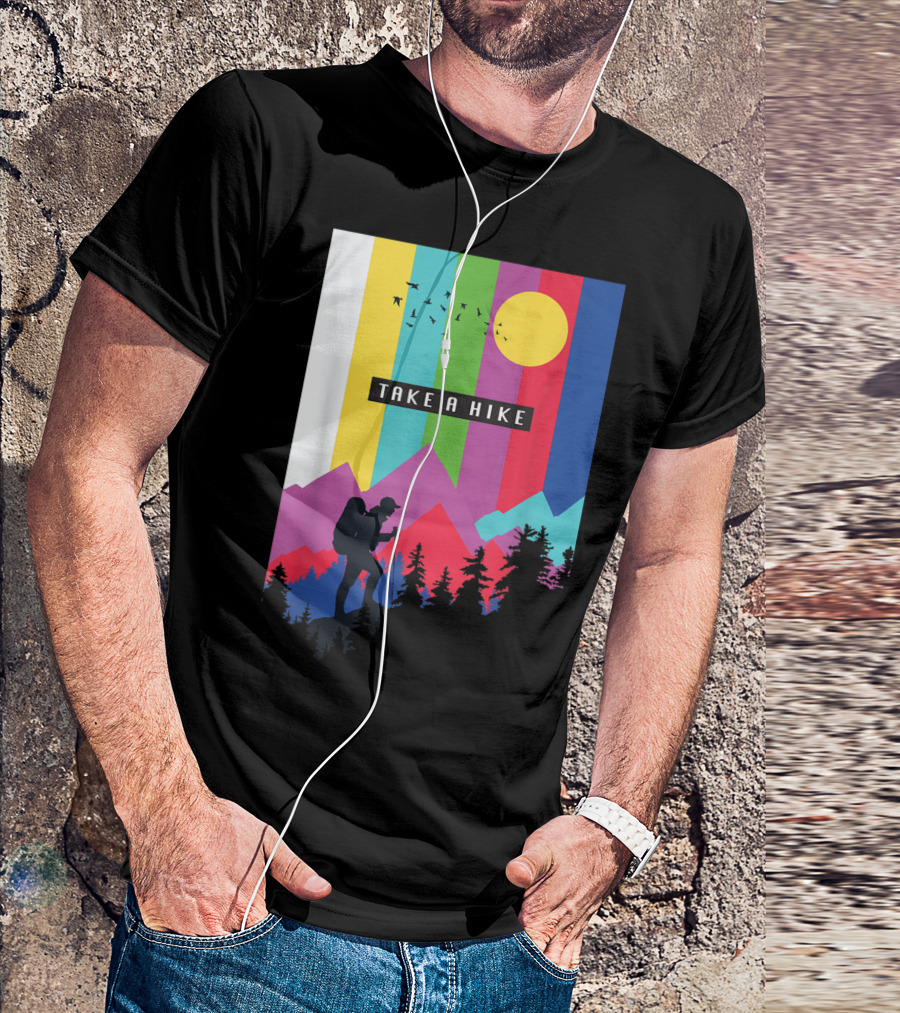 Take A Hike Vintage Hiking Camping Silhouette With Mountains And Sunburst T-Shirt